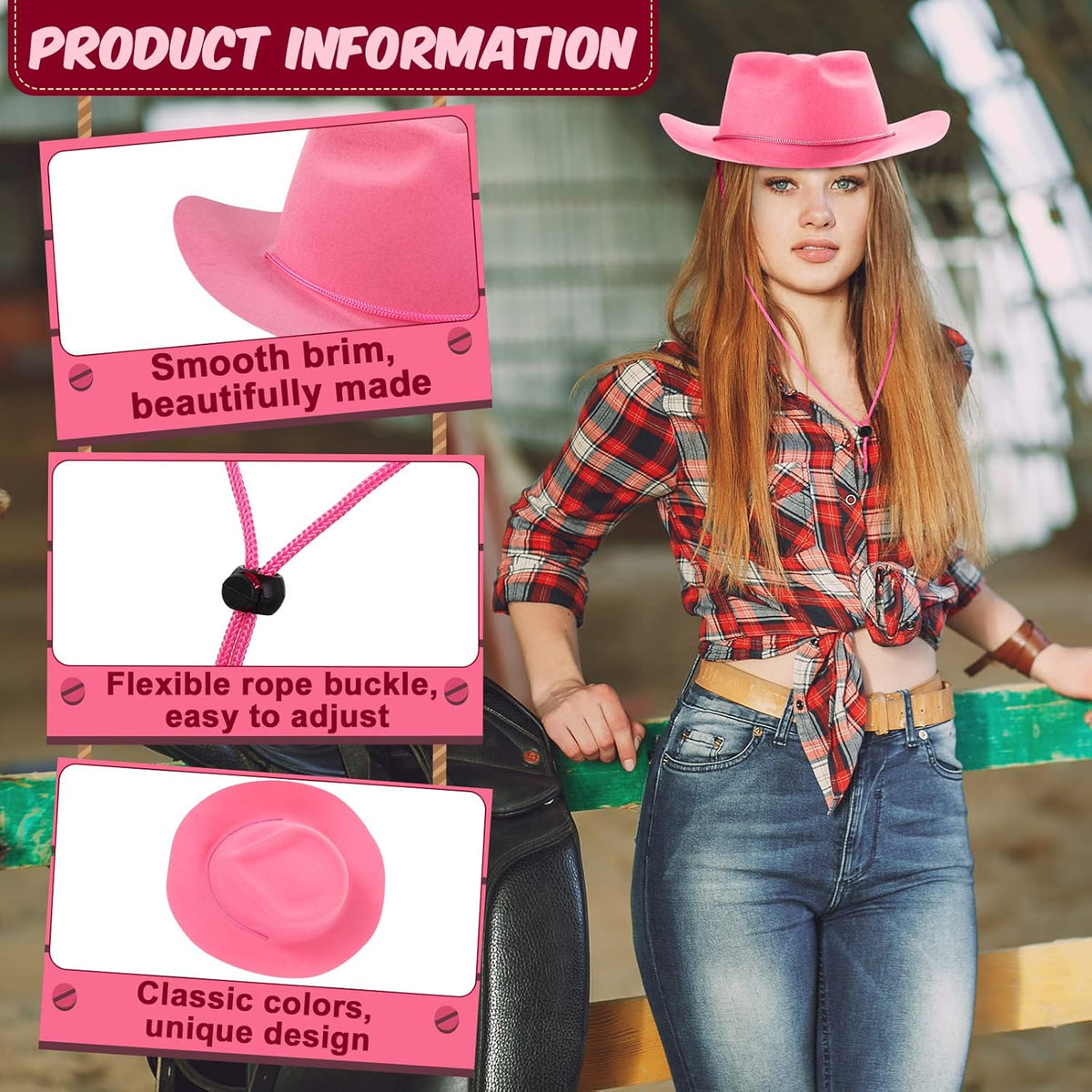 Mepase 24 Pieces Disposable Plastic Western Cowboy Hat Set Felt Wide Brimmed Cowgirl Hats for Men