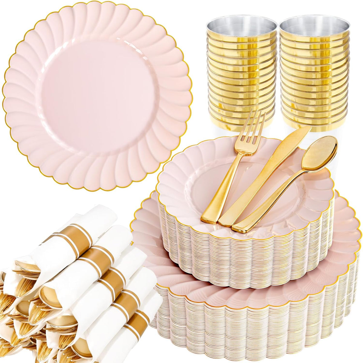 YOUBET 350PCS Pink Scalloped Plastic Plates - Pink and Gold Disposable Dinnerware Set Include 100