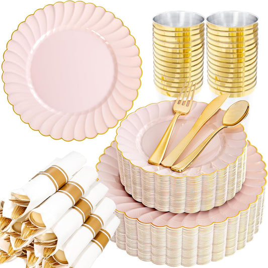 YOUBET 350PCS Pink Scalloped Plastic Plates - Pink and Gold Disposable Dinnerware Set Include 100
