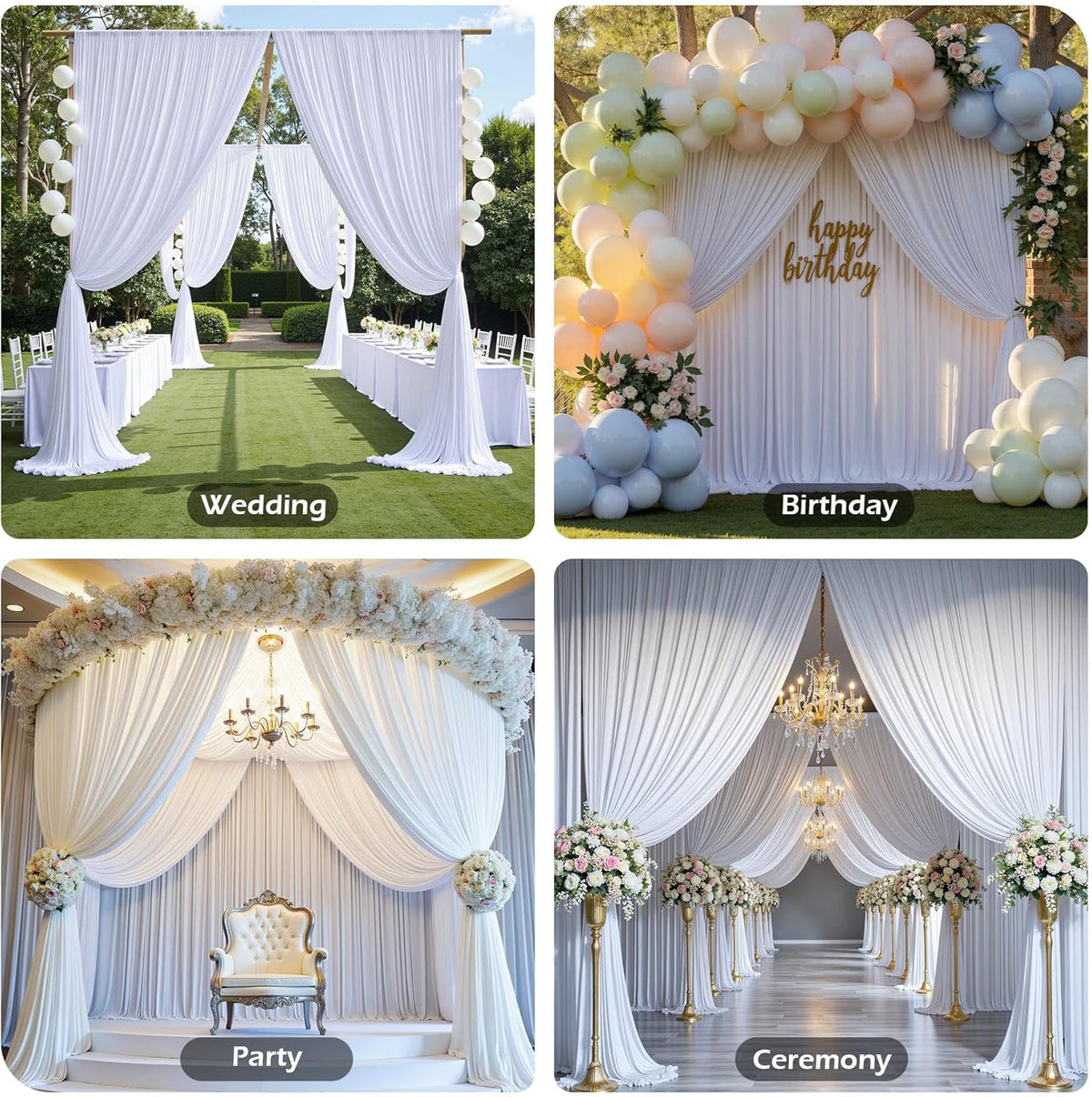 PartyVillage 20ft×15ft White Backdrop Curtain for Wedding Parties, 4 Panels Wrinkle Free 15 FT Long