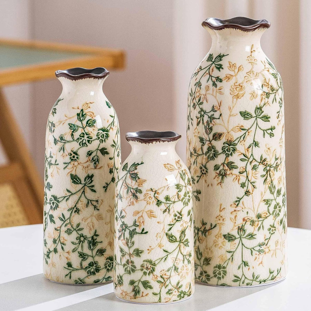 Ceramic Vase Set of 3, Vintage Green and Beige Vases Set, Flower Rustic Chinoiserie Vases Floral