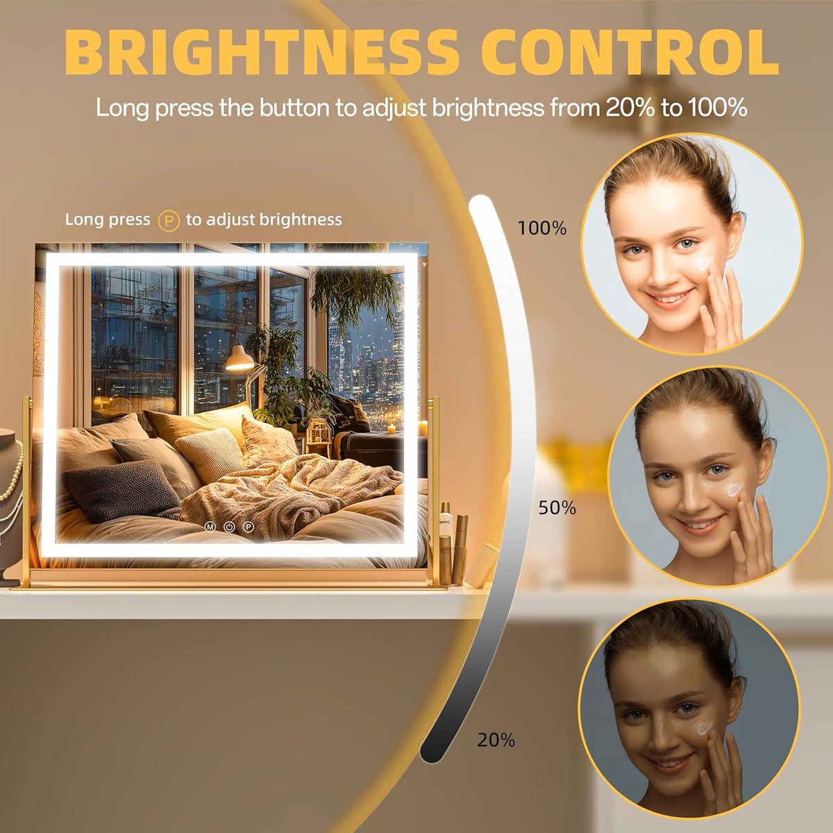 Vanity Mirror with Lights, 24'' x 20'' Lighted Makeup Mirror, Touch Screen with 3-Color Lighting