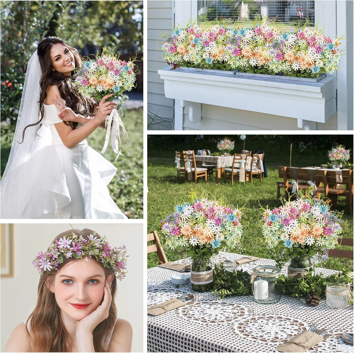 AmyHomie 6 Bundles Wildflowers Fake Daisy Outdoor Artificial Flowers UV Resistant Silk Wild Flower