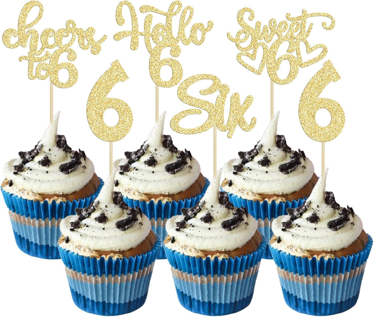 30Pcs 6th Birthday Cupcake Toppers Glitter Six Hello 6 Cupcake Picks Cheers to 6 Years Old Cake