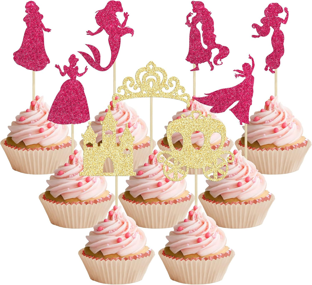 Gyufise 36Pcs Princess Cupcake Toppers Glitter Mermaid Girl Castle High Heel Crown Cupcake Picks