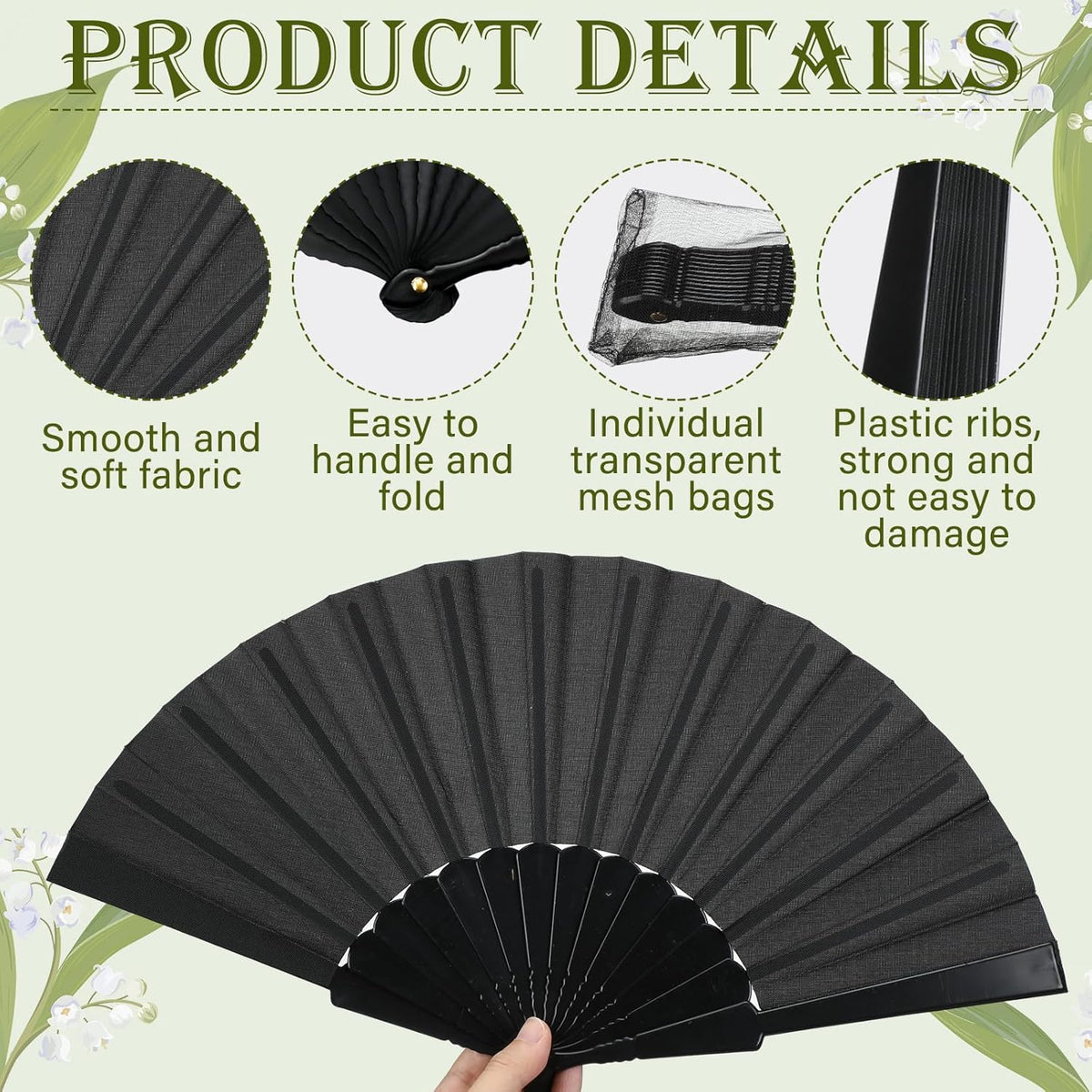 Wenqik 80 Pcs Wedding Folding Hand Fans Bulk Silk Fabric Chinese Handheld Foldable Clack Fans with