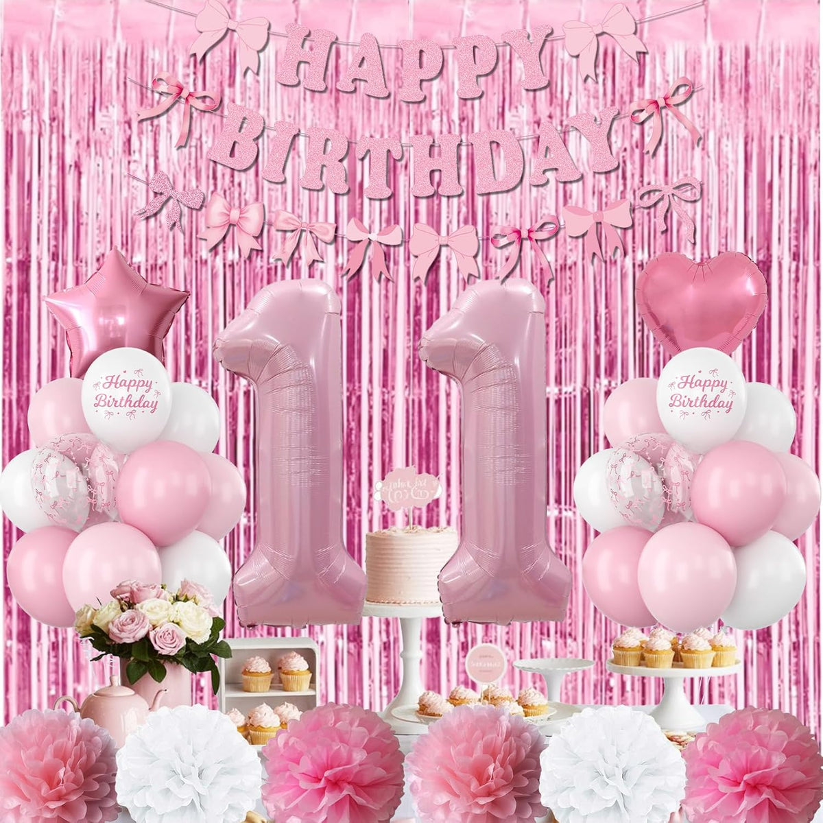 11th Birthday Decorations for Girls Pink Number 11 Balloon Bow Coquette Happy Birthday Banner