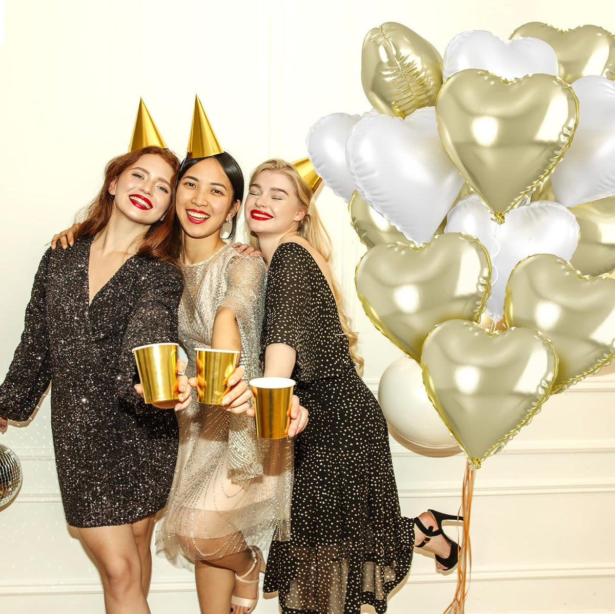 Biapian Pastel Gold Heart Balloons - 10 Pcs, 18 Inch, White Foil, Helium for Valentine's Day