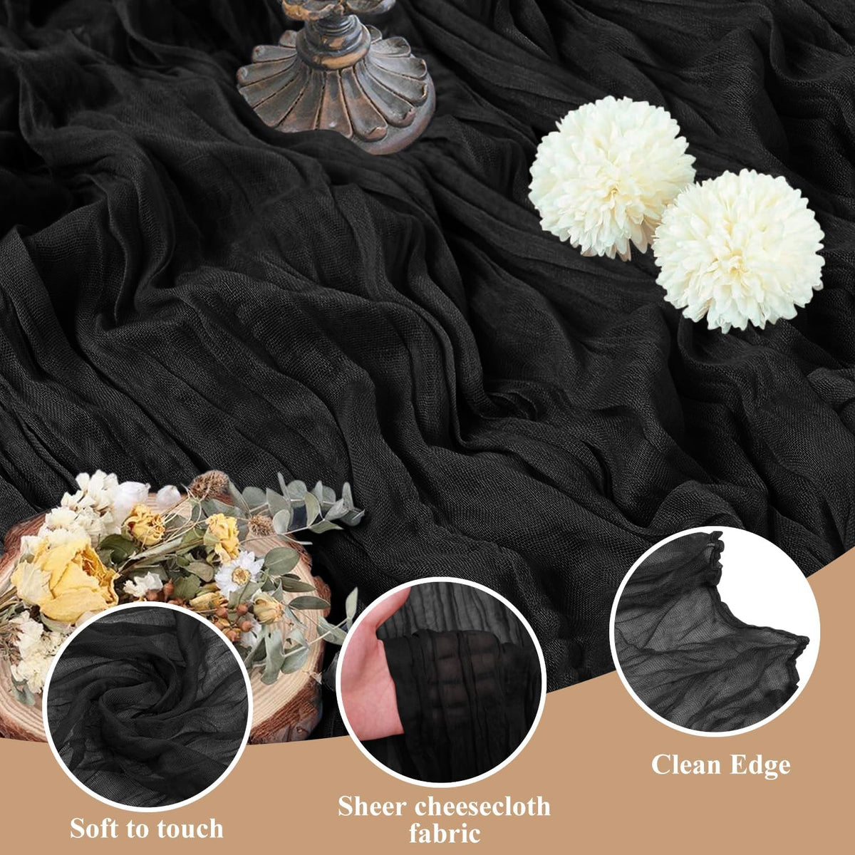 Asee'm 2pcs Cheesecloth Table Runner 120 Inches Long Black Boho Gauze Cheese Cloth Runner 10FT