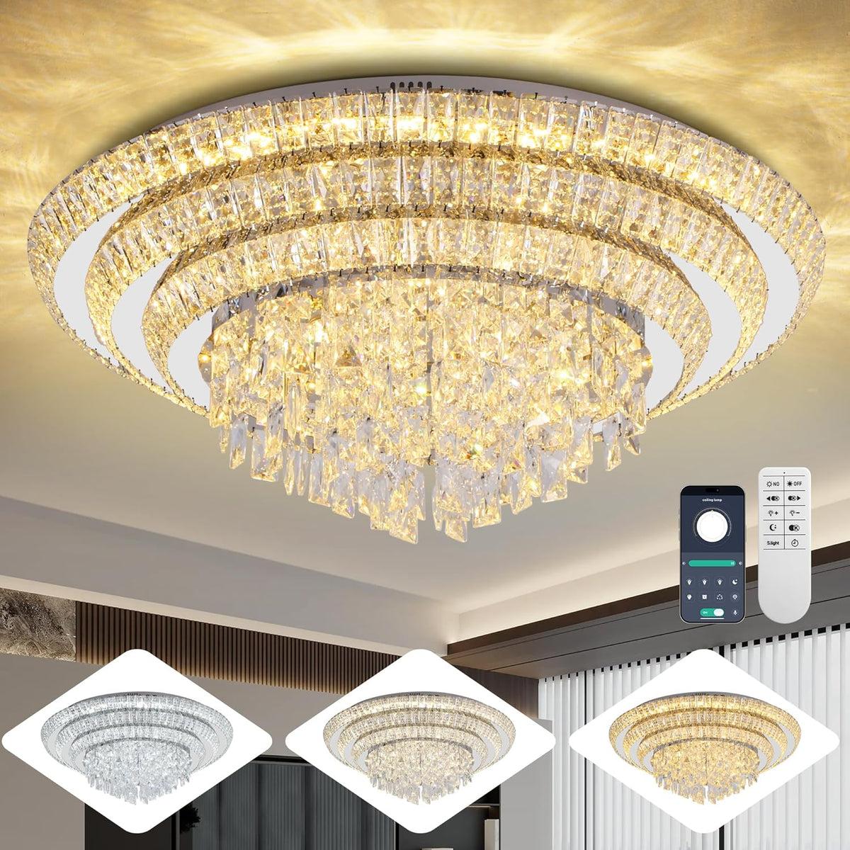 30 inch Crystal Silver Ceiling-Light Flush Mount with Remote Control and APP, 3CCT Dimmable &