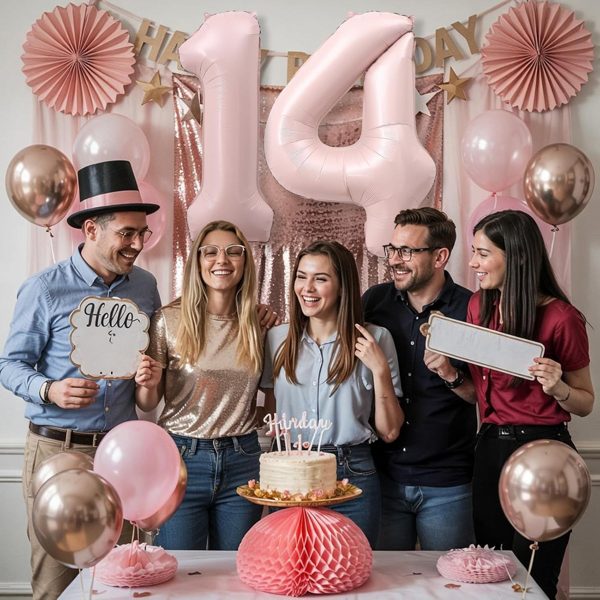 Light Pink 14th Birthday Balloon for Girls, 40'' Self Inflating Mylar Number 14 Balloons, Big Blush