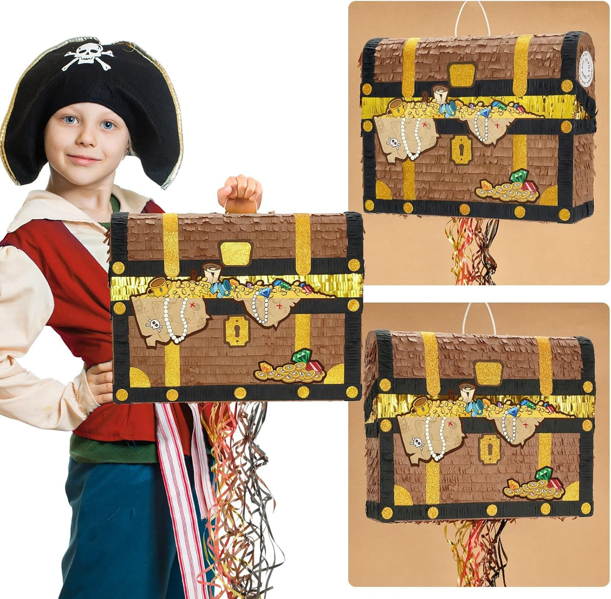 WERNNSAI Treasure Chest Piñata - Pull String Pirate Themed Piñata with Blindfold and Bat Adventure
