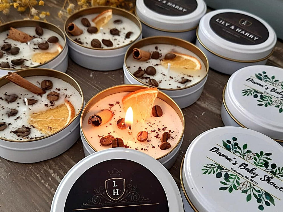 Coffee Scented Soy Wax Candle Favors with Hand-Placed Orange and Cinnamon Stick - Handmade Gift Set