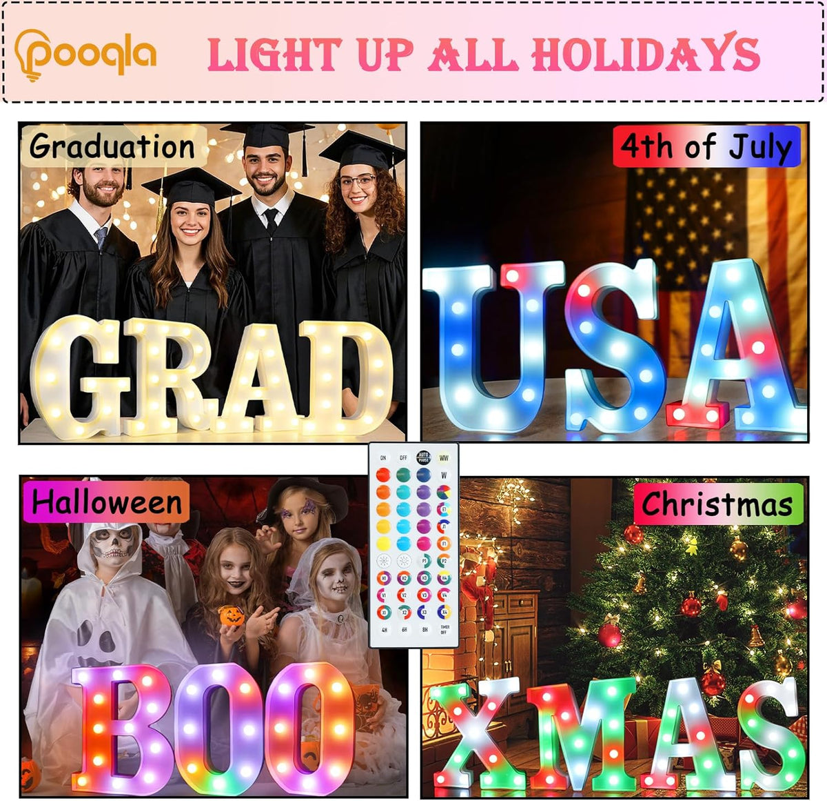 Pooqla Colorful Light Up Letters with Remote, Upgraded 35 Colors LED Marquee Letters, RGB Lighted