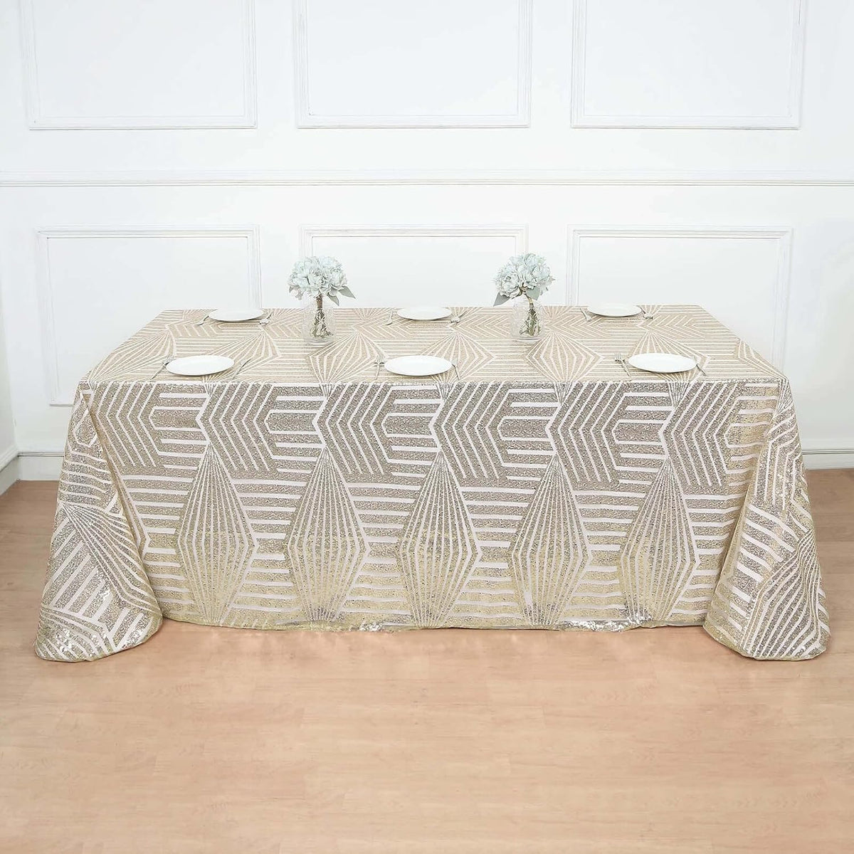 Efavormart 90"X132" Champagne Sparkly Sequin Geometric Tulle Rectangular Tablecloth
