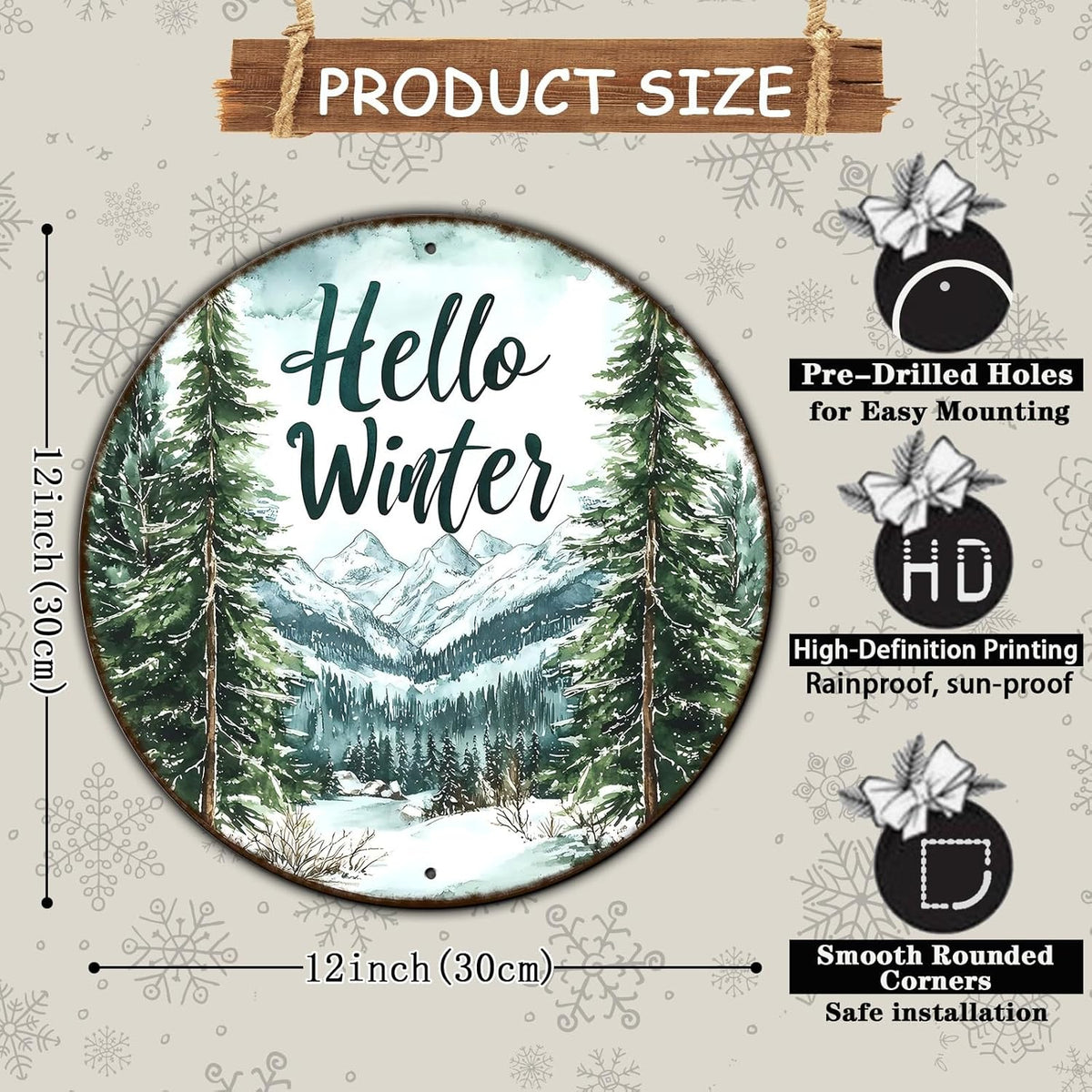 Round Christmas Metal Tin Sign Hello Winter Sign Christmas Pine Trees Welcome Door Sign Xmas Winter