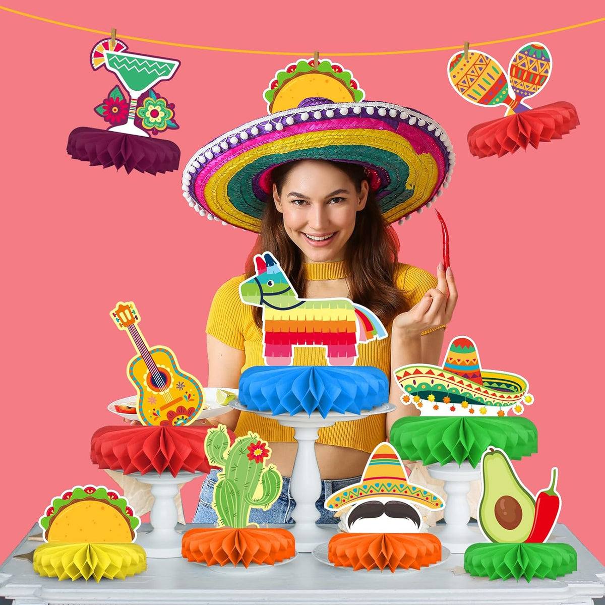 Fiesta Party Decorations - Authentic Mexican Themed Honeycomb Centerpiece for Cinco De Mayo, Taco