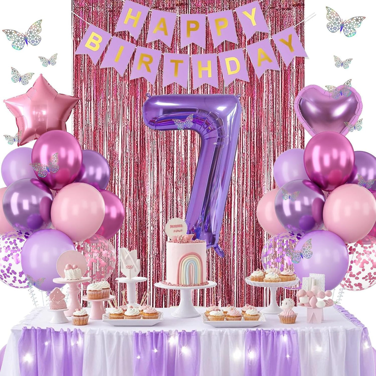 Pink Purple 7th Birthday Party Decorations for Girls Number 7 Balloon Happy Birthday Banner