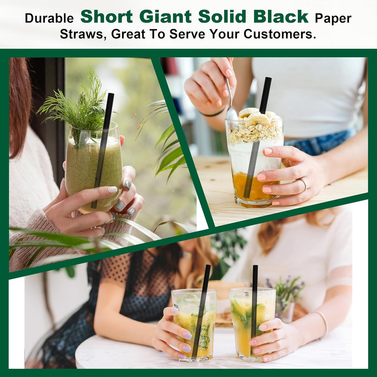 5.75 inch 8mm Wide Short Black Paper Drinking Straws Disposable for Lowball Glasses, Blended
