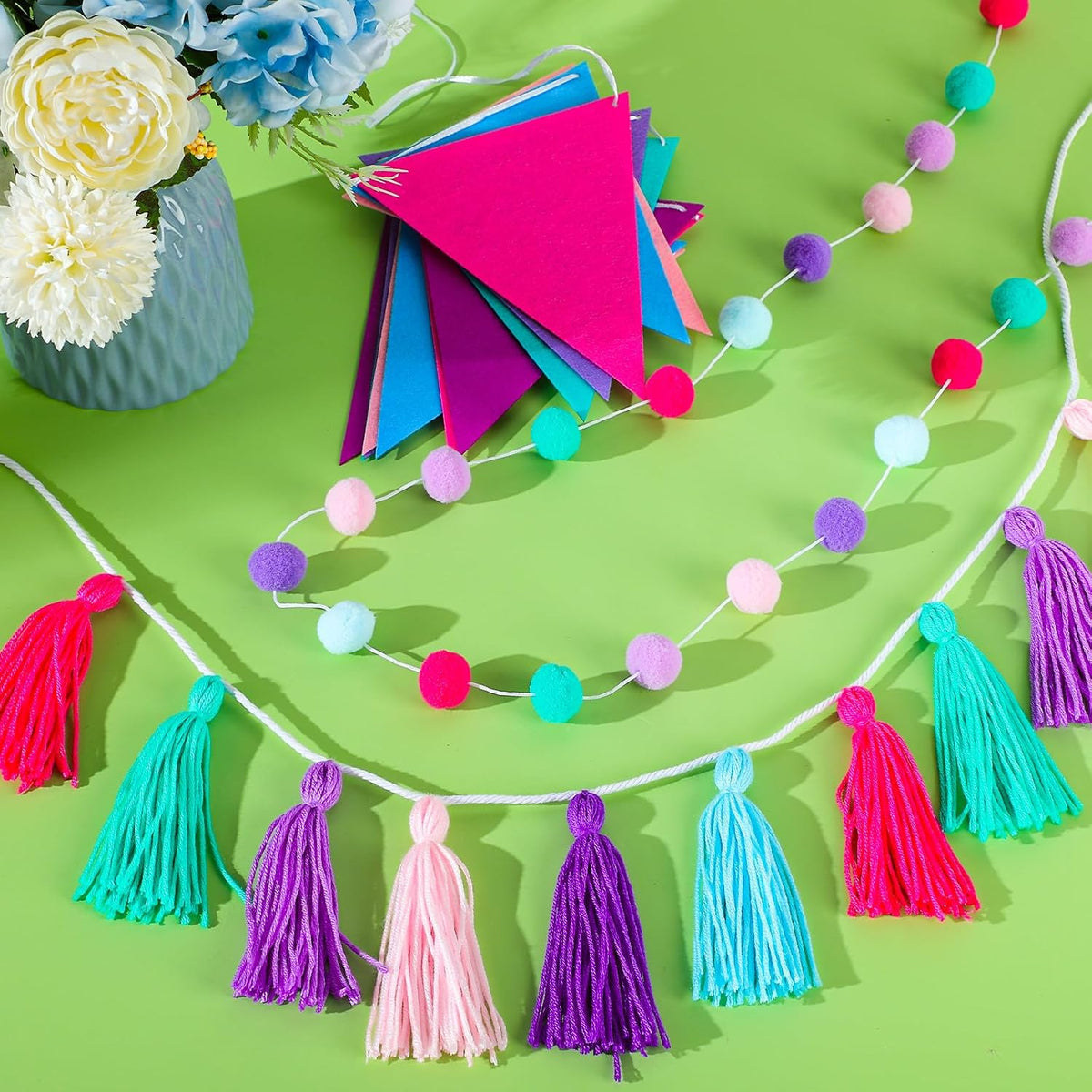 Irenare 9.8 ft Pom Pom Garland Felt Colorful Tassel Banner Christmas Party Pompoms Garland