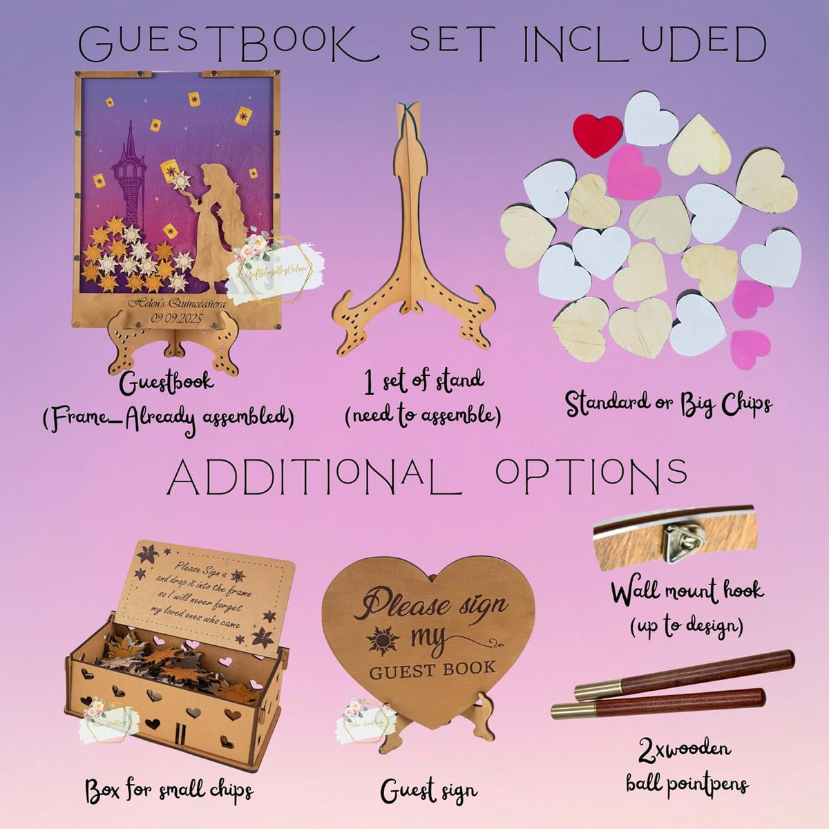 Princess Guest Book Alternative | Quinceañera Sweet XV Wooden Dropbox Frame with Lantern Tokens |