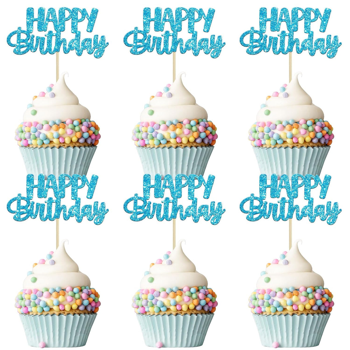 Gyufise Happy Birthday Cupcake Toppers Blue Glitter Birthday Cake Topper Picks Dessert Topper