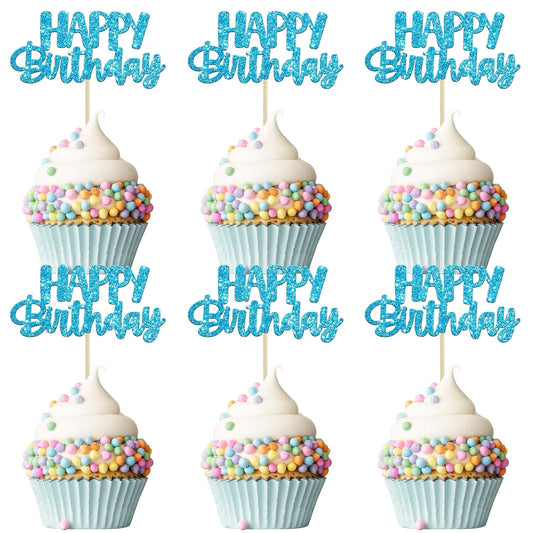 Gyufise Happy Birthday Cupcake Toppers Blue Glitter Birthday Cake Topper Picks Dessert Topper