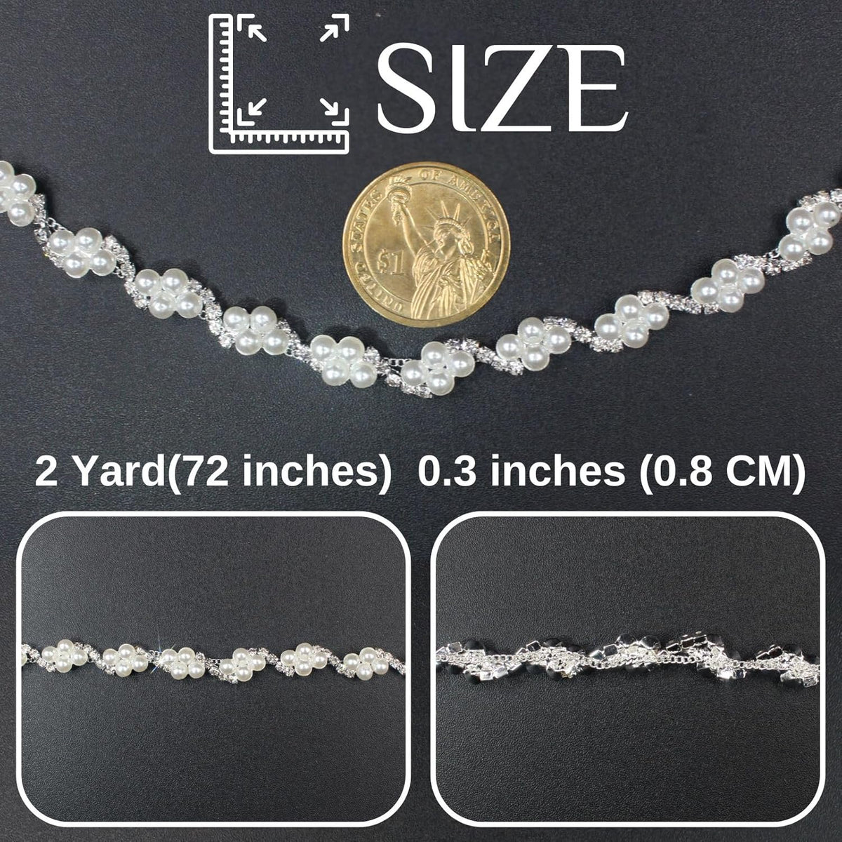 PEARLY JUN 2 Yards Pearl Rhinestone Trim Chain Silver Crystal Fringe Diamond Applique Ribbon String