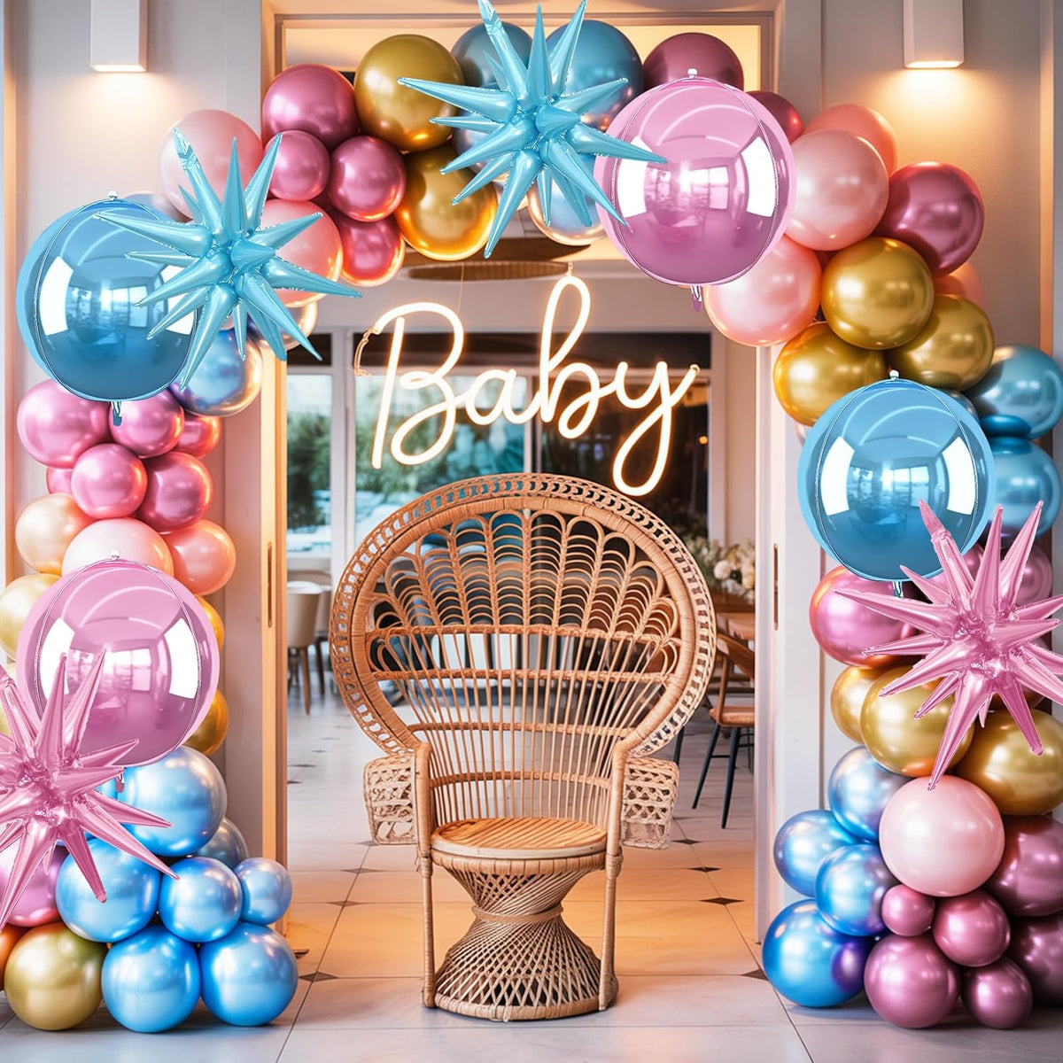 6Pcs Pink Blue Foil Balloons,22Inch Blue Pink 4D Round Ball Balloon and Explosion Star Balloon for