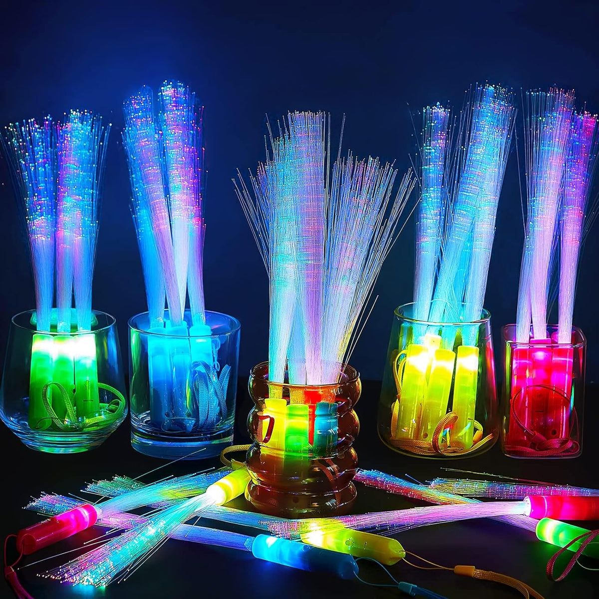 Lewtemi 60 Pack Fiber Optic Wand Glow Wand LED Light Up Wand Bulk with 3 Flashing Models Flashing