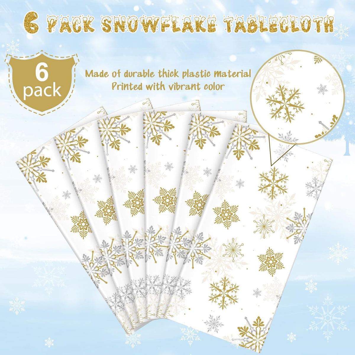 6Pcs Christmas Snowflake Party Tablecloths Decorations,Plastic White and Gold Table Cloth,Winter