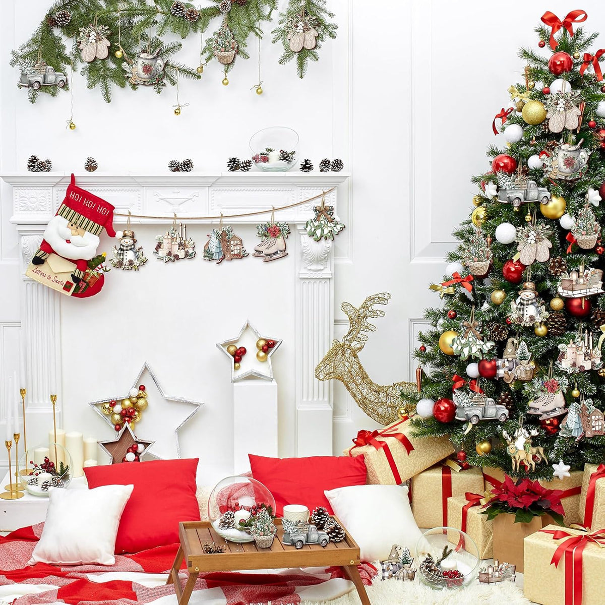 Suzile 36 Pcs Christmas Wooden Ornaments Vintage Christmas Tree Ornaments Xmas Decorations for Tree