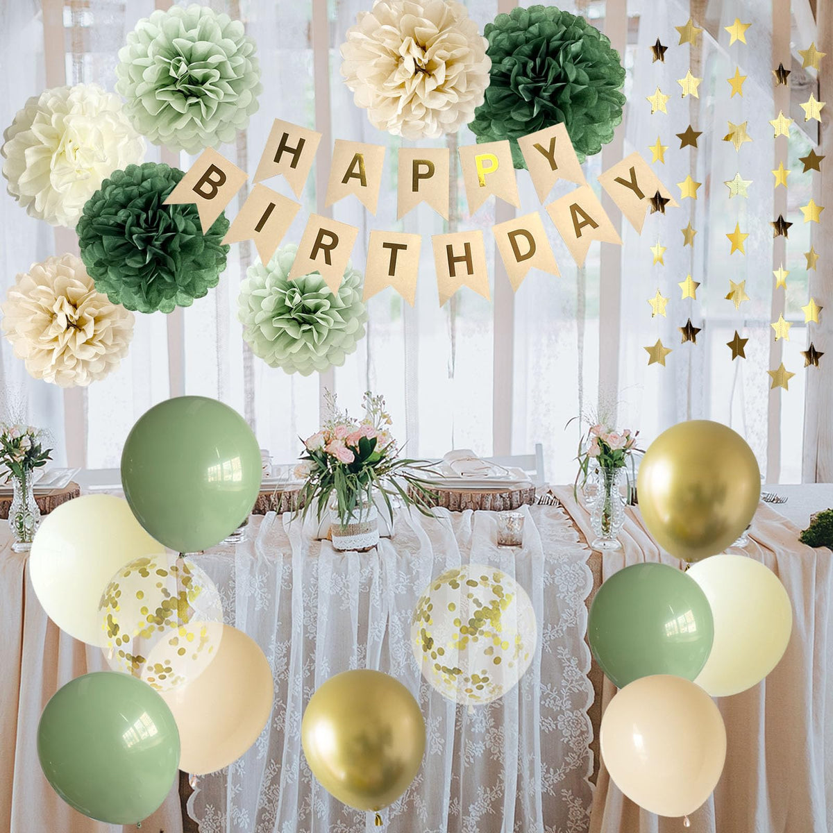 ANSOMO Sage Green Happy Birthday Party Decorations Retro Green Nude Ivory Dark Olive Kraft Paper