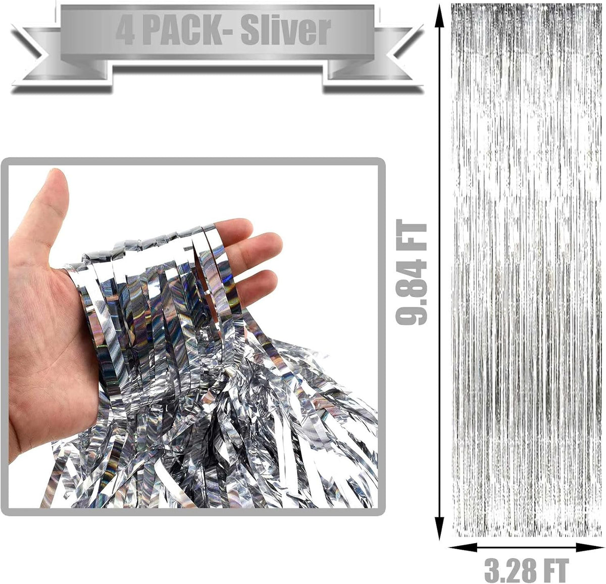 4 Pack Silver Foil Fringe Curtain Backdrop, 3.28Ft x 9.84Ft Metallic Tinsel Streamers Curtains for