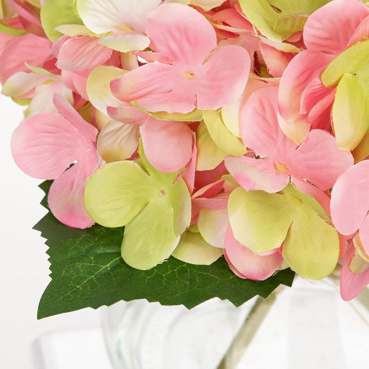 Hollyone Hydrangea Artificial Flowers with Glass Vase Pink-Green Silk Faux Flowers Arrangements in