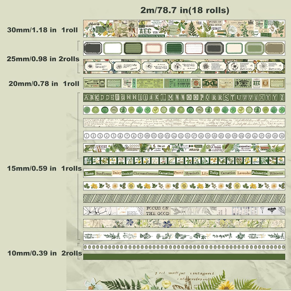 18 Rolls Botanical washi Tape Set for Crafts and Journaling DIY Scrapbooking Supplies Flower washi