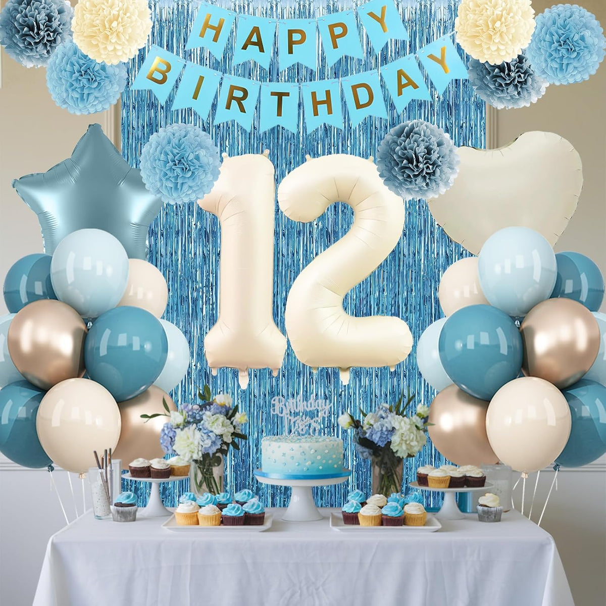 Dusty Blue 12th Birthday Party Decorations Boys Girls Beige Cream Number 12 Balloon with Blue Gold