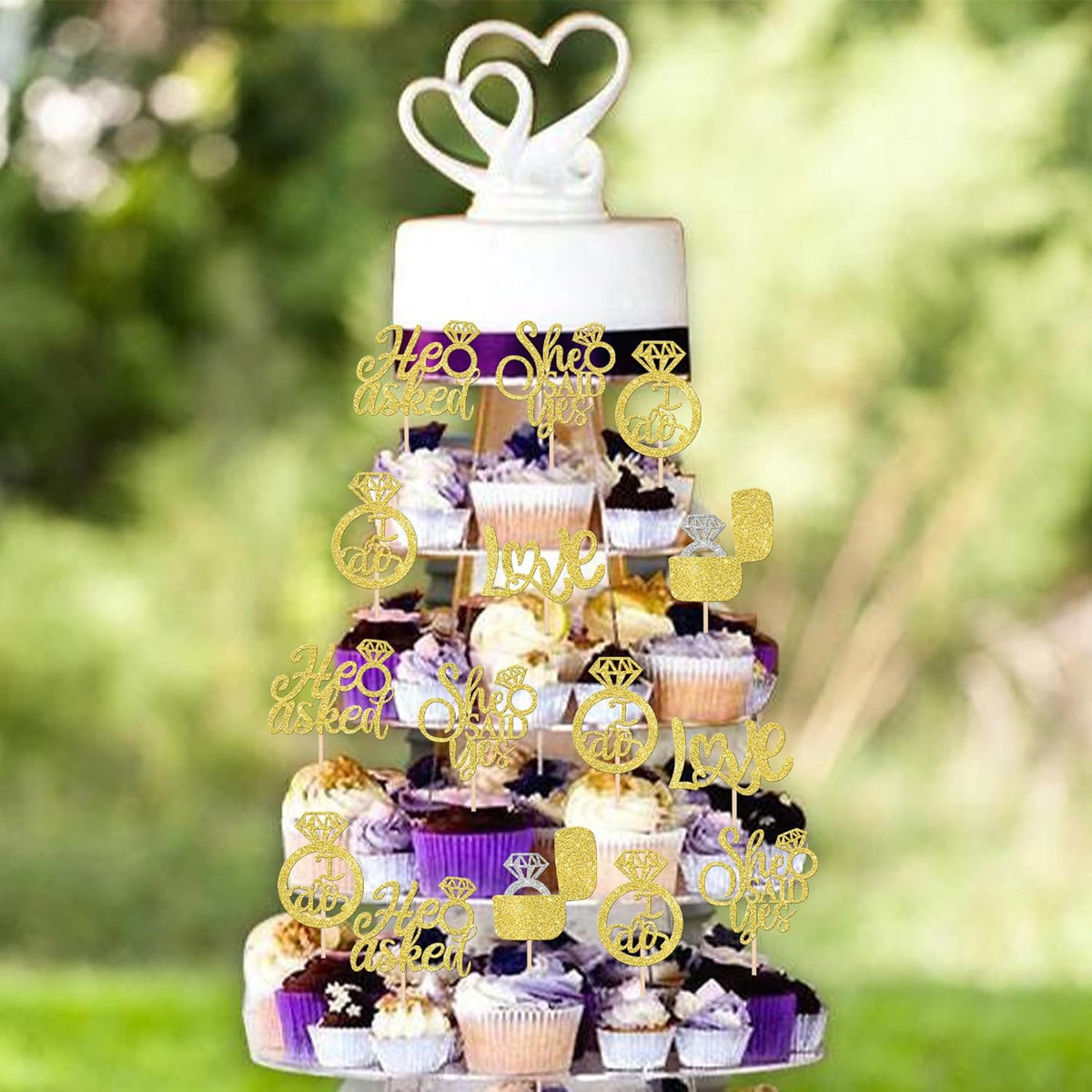 30 PCS He Asked She Said Yes Cupcake Toppers Love I Do Diamond Ring Cupcake Picks for Wedding
