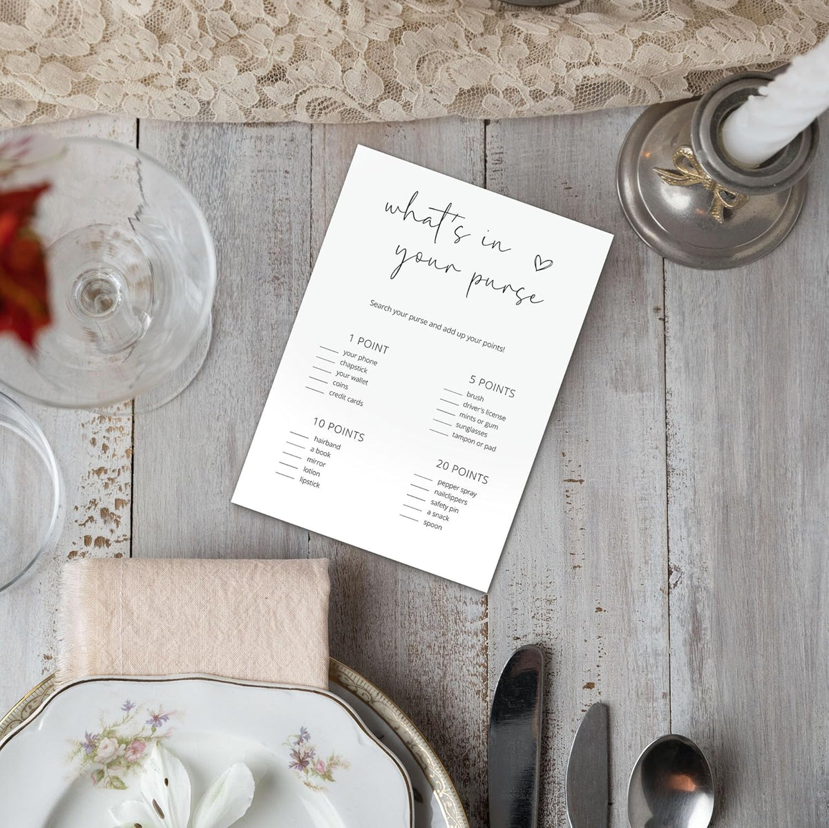 Bridal Shower Games, What's in Your Purse, 25Pcs Minimalist White Double-Sided Bridal Game Cards