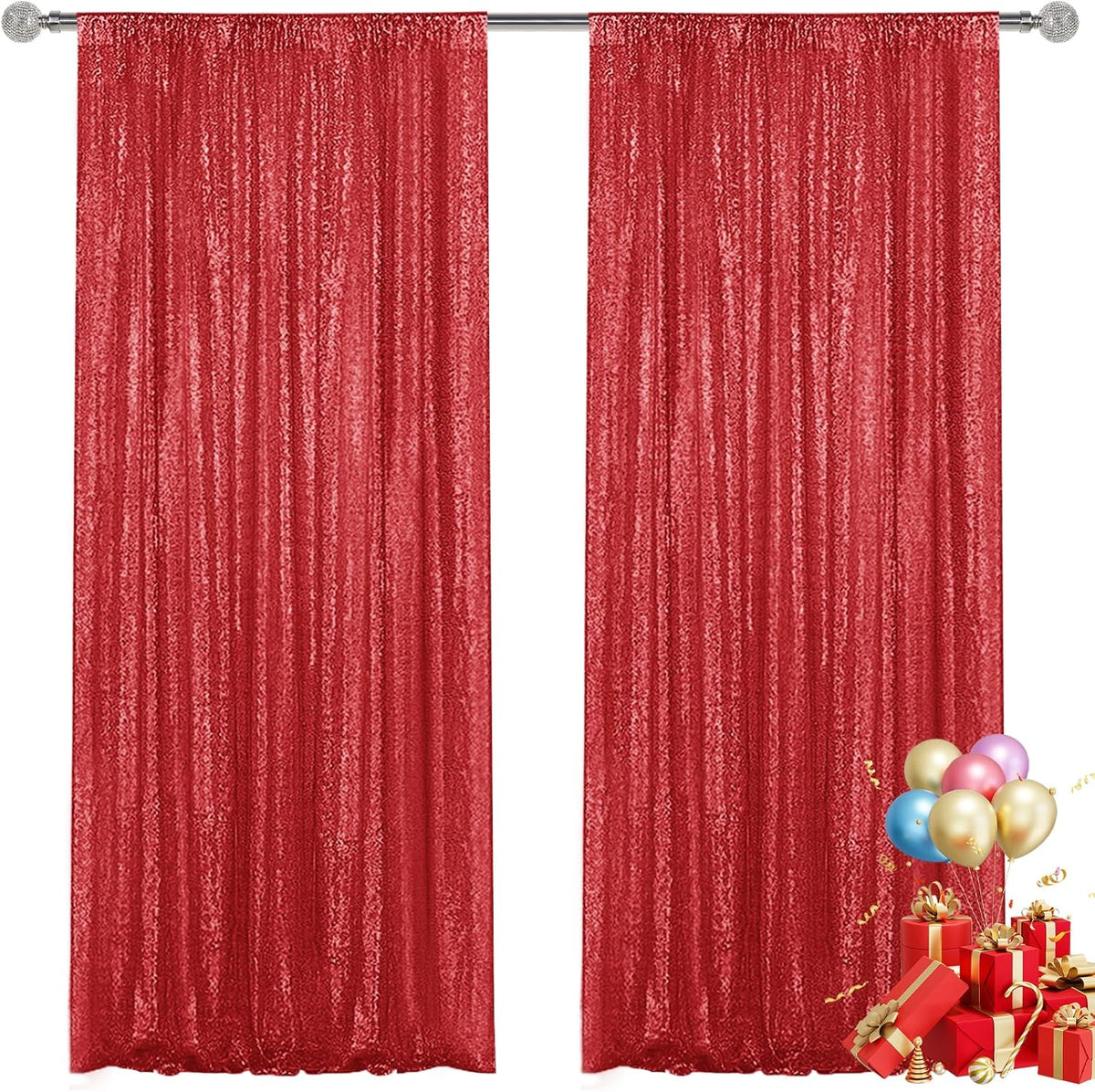 Red Sequin Backdrop Curtain 2 Pieces 2FTx8FT Glitter Photography Backdrop for Party Wedding