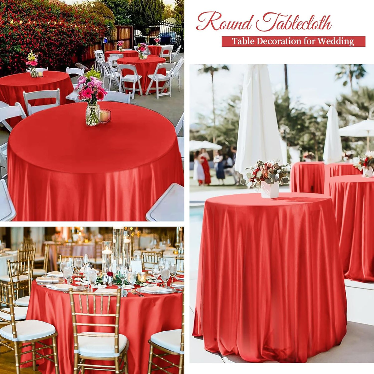fani 12 Pack 120 Inch Red Satin Tablecloth - Premium Bright Silky Round Tablecloth Overlay Smooth