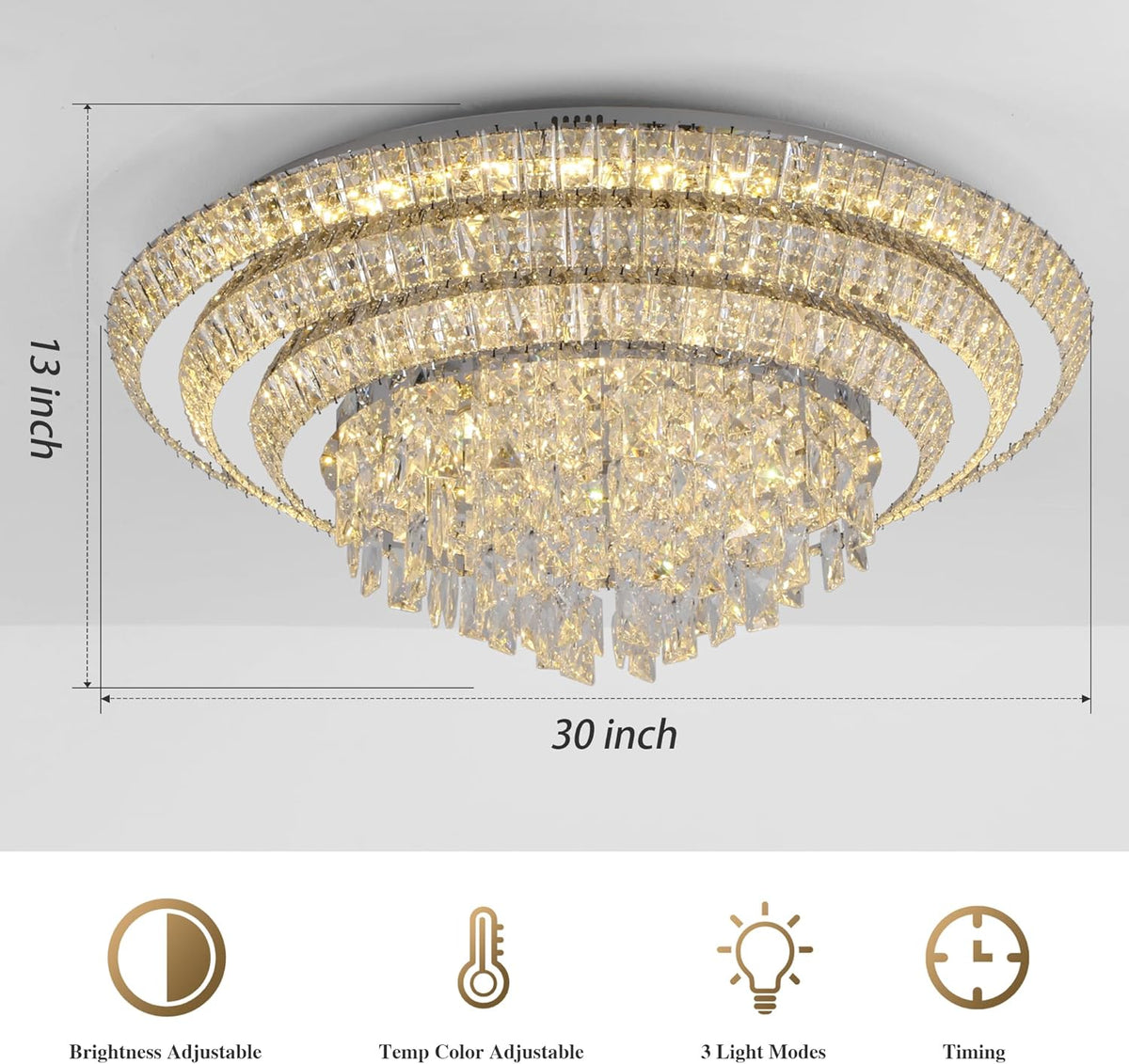 30 inch Crystal Silver Ceiling-Light Flush Mount with Remote Control and APP, 3CCT Dimmable &