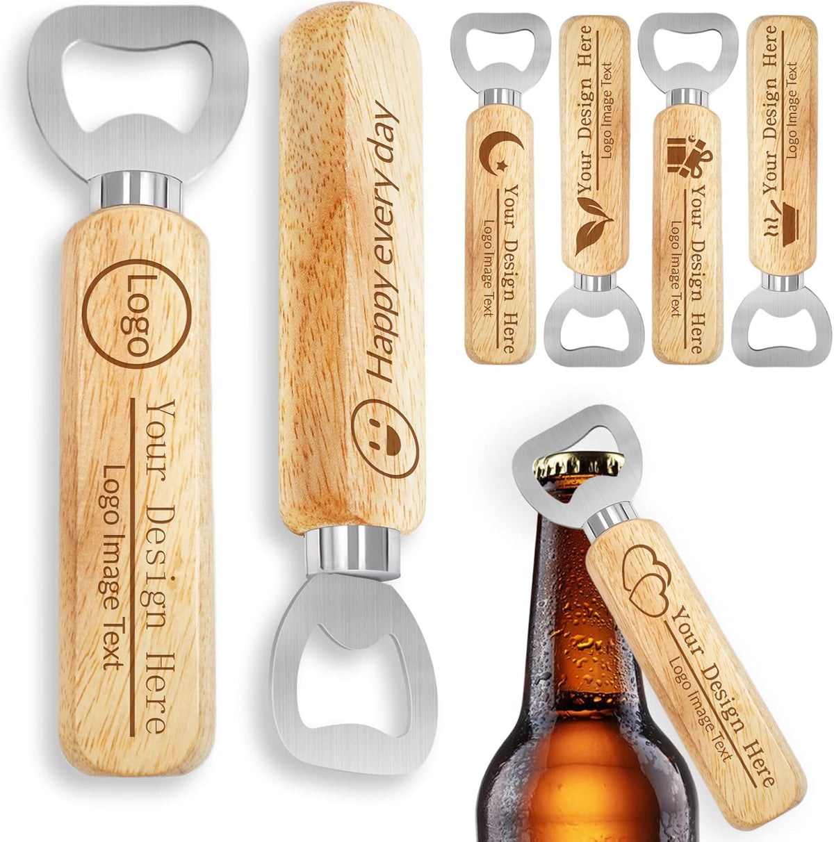 15-100 PCS Personalized Bottle Openers with Wooden Handle, Bulk Customized Text/Logo/Photo Beer
