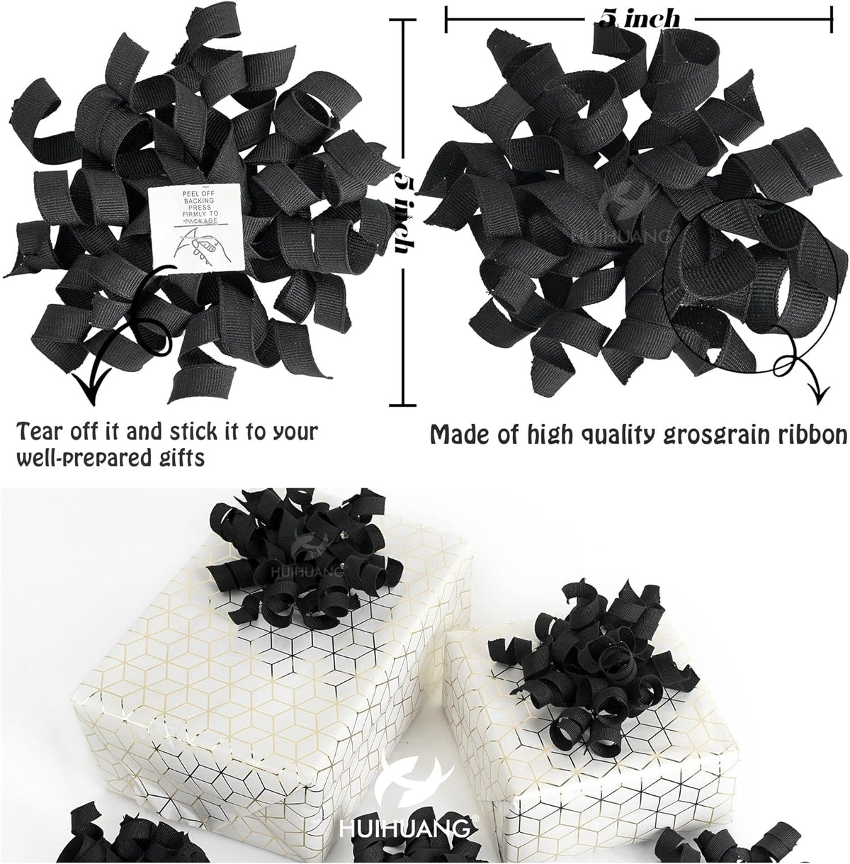 HUIHUANG Black Bows for Gift Wrapping, Black Curly Ribbon Bows Self Adhesive Burst Gift Bow for