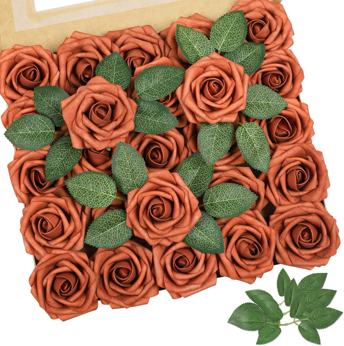 AmyHomie Artificial Flowers Burnt Orange Rose 25pcs Real Looking Fake Roses w/Stem for DIY Wedding