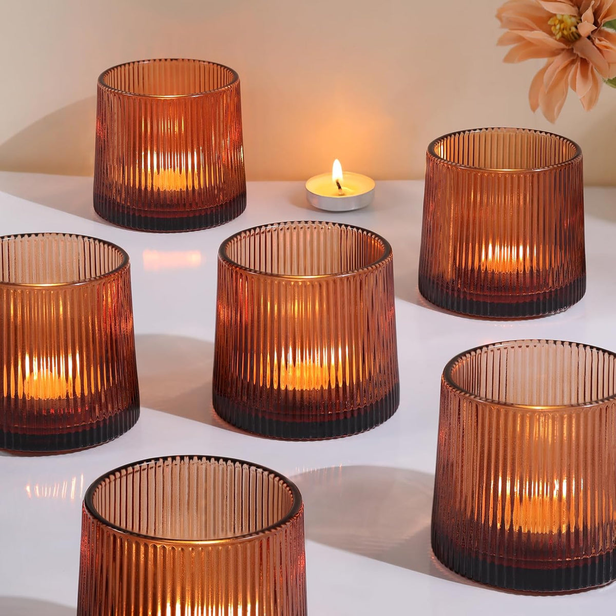 Amber Ribbed Tealight Votive Candle Holders- 6Pack Glass Candle Holders for Table Centerpiece, Home