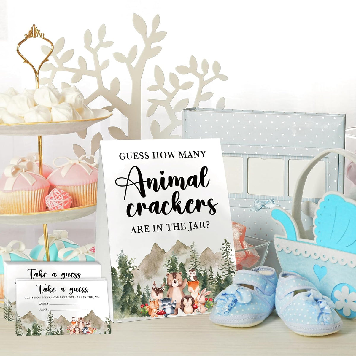 Woodland Baby Shower Game, Guess How Many Animal Crackers, Jungle Animal Safari 1 Standing Sign