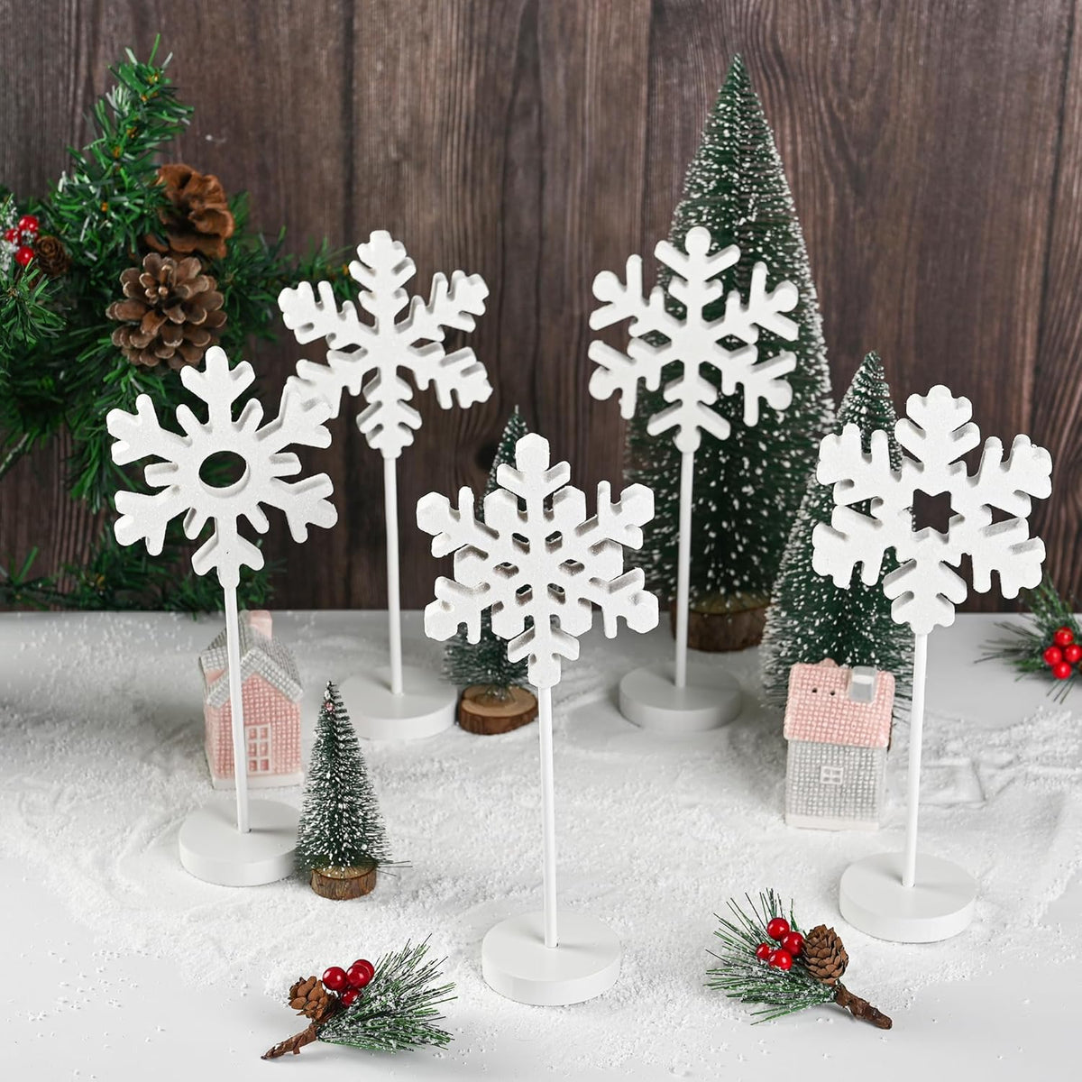 5 Pcs Wooden Christmas Snowflake Sign Winter White Glitter Snowflake Decorations Holiday Wonderland