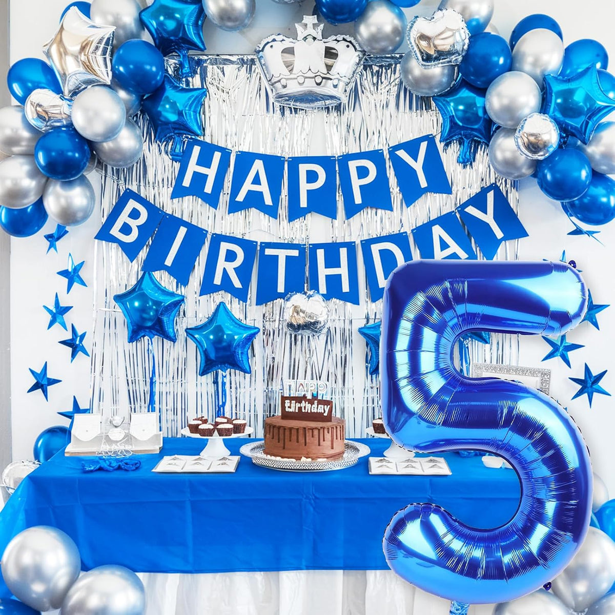 Navy Blue Balloon Number 5, 40 Inch Large Self Inflating Foil Mylar Number Balloons 0-9 for Boys