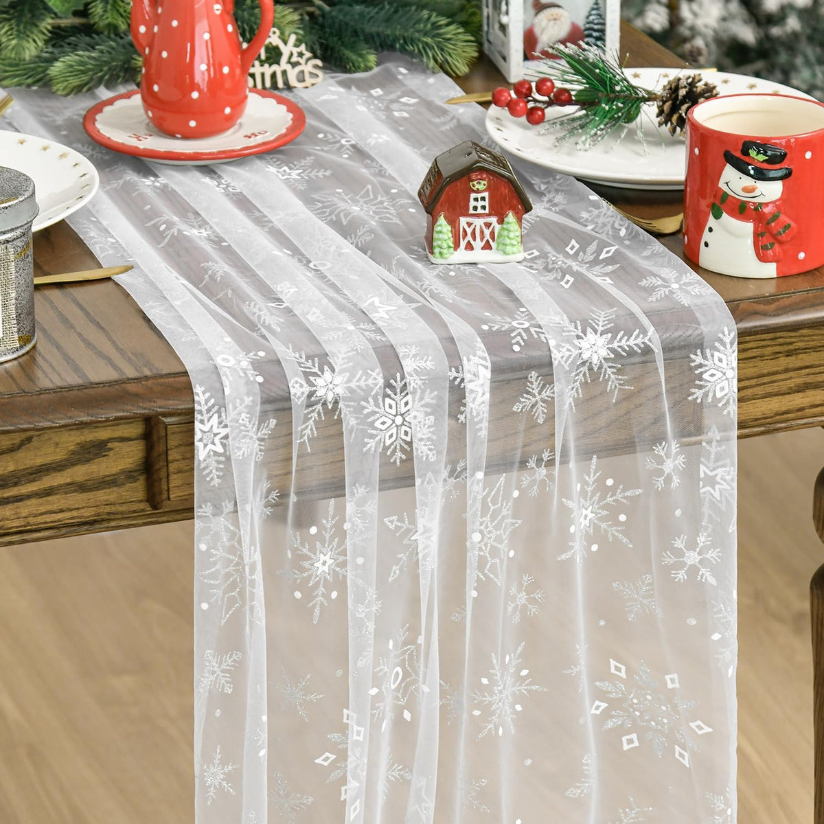 Artoid Mode Silver Snowflakes Christmas Gauze Table Runner 120 Inch 10FT, Seasonal Sheer Winter